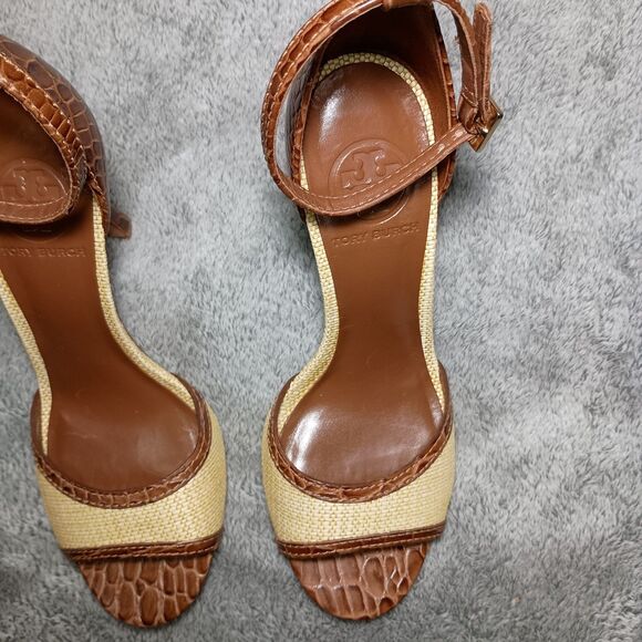 Tory Burch Croc Designed Ankle Strap Peep Toe Leather Heels Sandals Size 7M 7 M - Picture 11 of 16